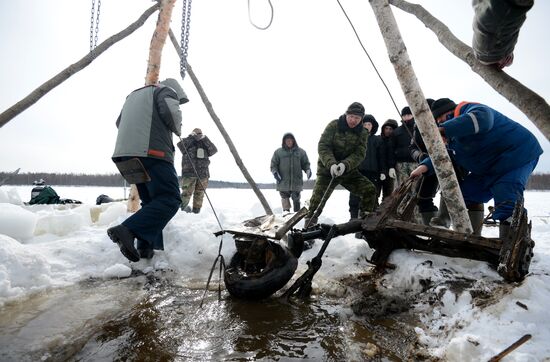 Wreckage of a crashed WWII aircraft raised from bottom of a lake