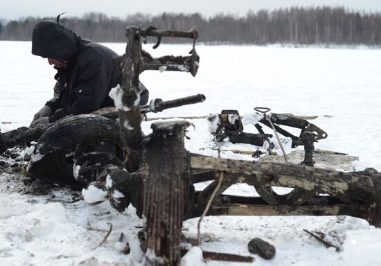 Wreckage of a crashed WWII aircraft raised from bottom of a lake