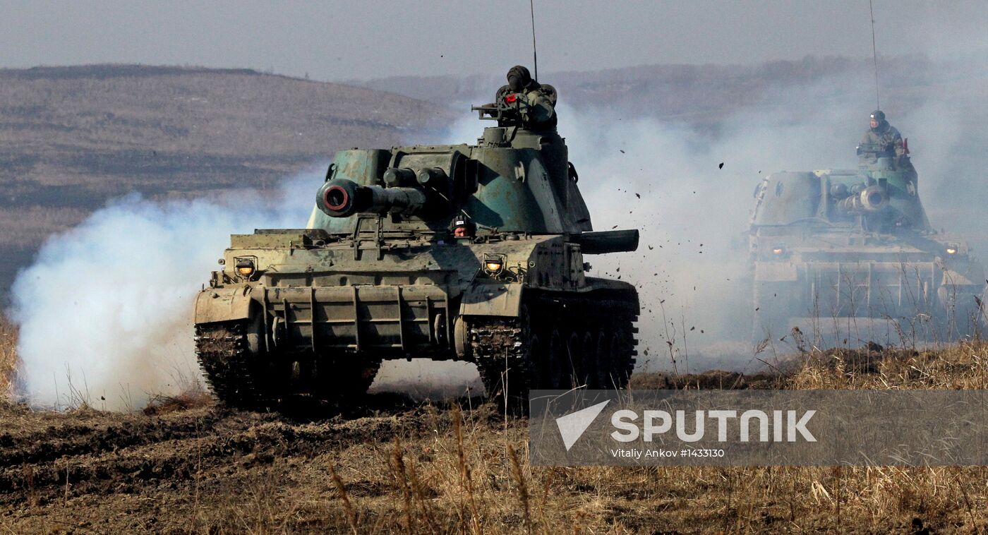 Missile and artillery units during military exercise in Primorye