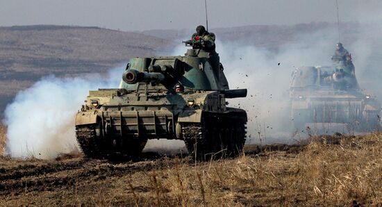 Missile and artillery units during military exercise in Primorye