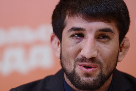 Russian wrestler Rasul Mirzayev answers journalists' questions