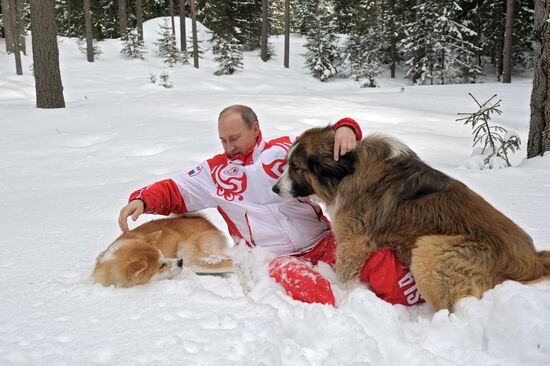 Vladimir Putin walks his dogs in Moscow Region
