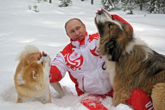 Vladimir Putin walks his dogs in Moscow Region