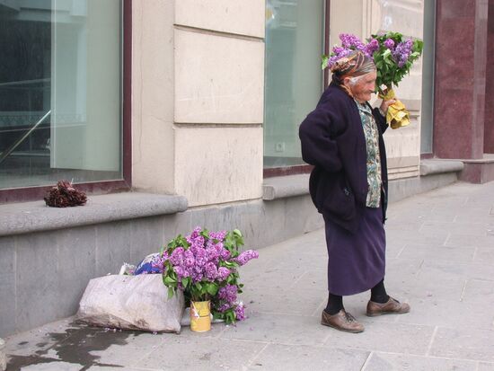 Selling lilac flowers on Tbilisi street
