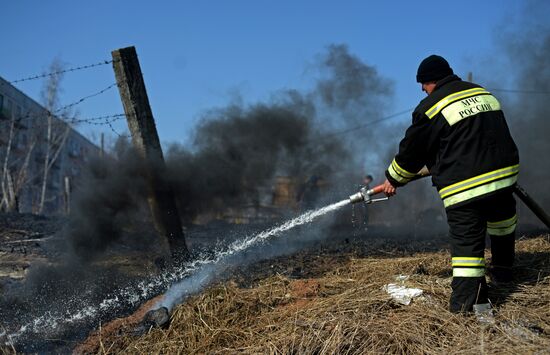 Dry grass burning in Novgorod Region