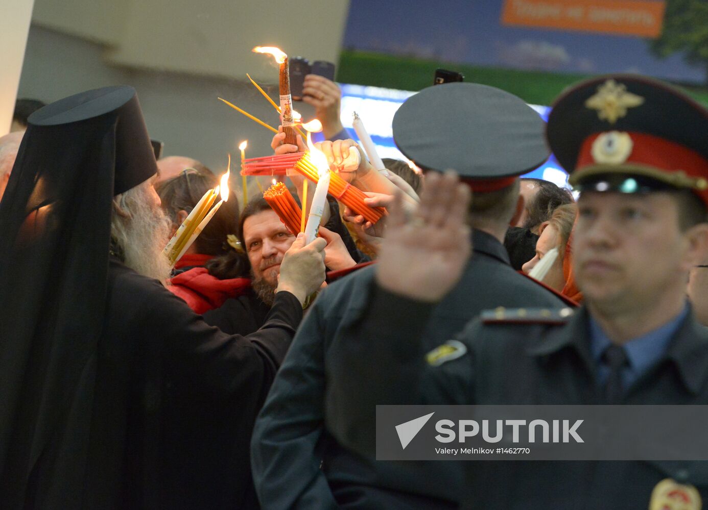 Meeting Holy Fire from Jerusalem at Vnukovo airport