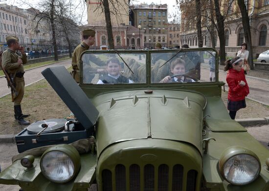 Military equipment on display outside St. Petersburg school