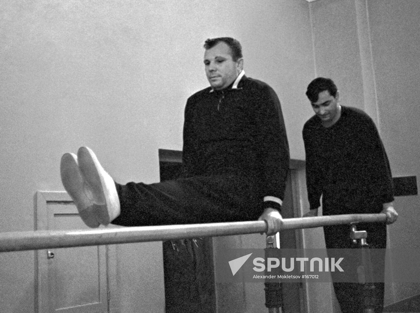 Cosmonauts Yuri Gagarin and Valery Bykovsky in the gym