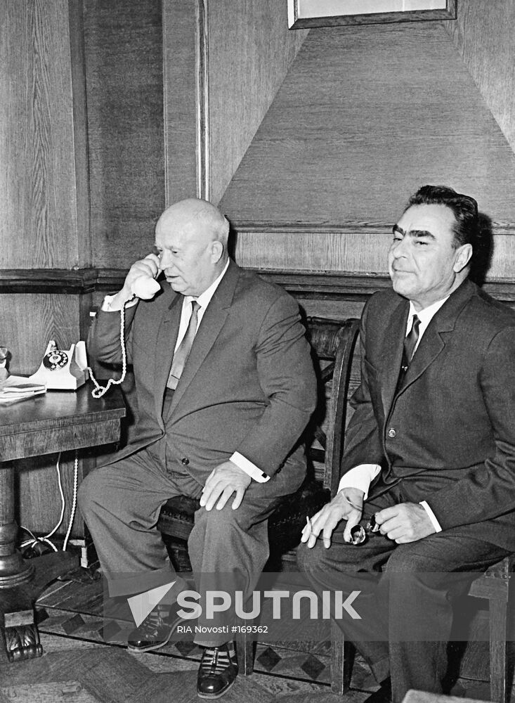 Nikita Khrushchev speaks by telephone with cosmonauts