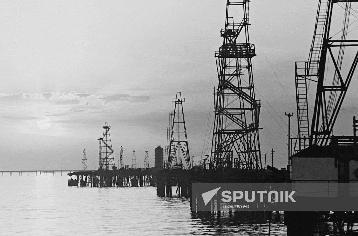 Caspian Sea offshore oil drilling derricks