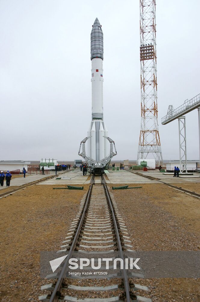 Installing a Proton-M rocket on the launch pad