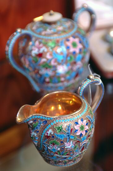 Enamelled silver tea set