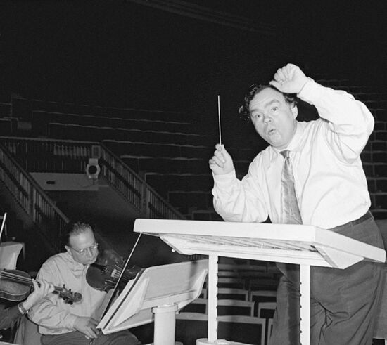 Russian orchestra conductor Konstantin Ivanov rehearses