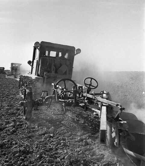 Kazakhstan virgin land tractor plowing