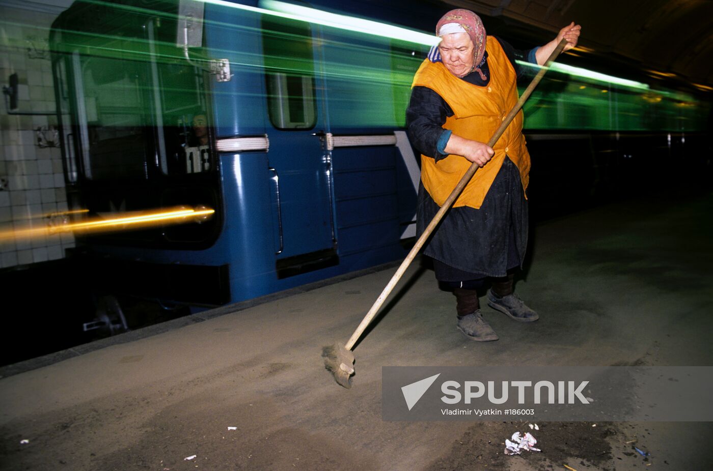 Moscow metro station platform cleaning