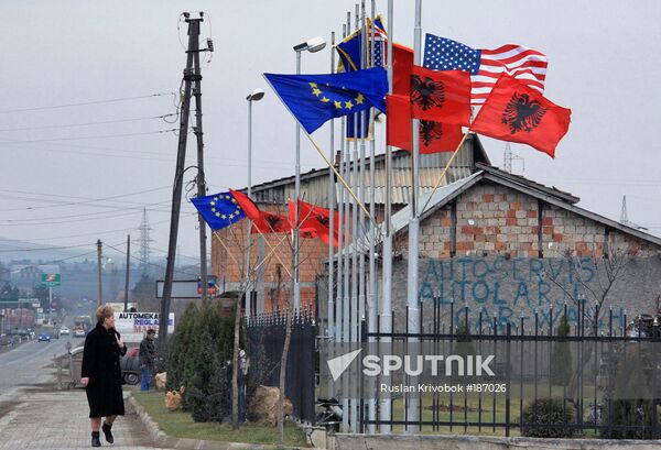 Albanian, American and EU flags 