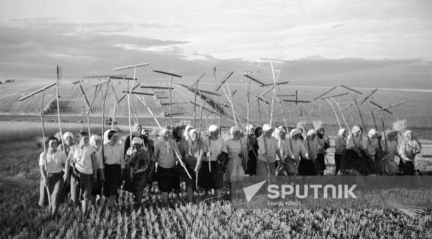 COLLECTIVE FARMERS HARVESTING FIELD FORK