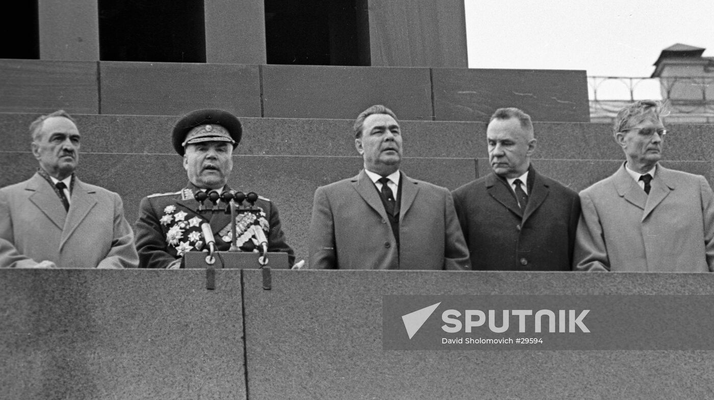 Mikoyan, Malinovsky, Brezhnev, Kosygin and Suslov on Lenin mausoleum stand