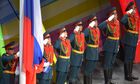 The Russian flag is raised during the opening ceremony of the 27th World University Summer Games at the Kazan Arena stadium, Kazan. Location: Russia, Republic of Tatarstan, Kazan. Author: Anton Denisov/Sputnik. Opening ceremony of 27th World Summer Universiade in Kazan