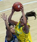 Member of the Chinese Taipei national team Ping-Jen Huang, left, and member of the Australian national team Marianna Tolo during the match for 3rd place in women’s basketball between Australia and Chinese Taipei at the 27th World University Summer Games in Kazan. Location: Russia, Republic of Tatarstan, Kazan. Author: Alexey Filippov/Sputnik. 2013 Universiade. Day Ten. Basketball Women. Finals