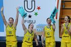 Members of the Australian national team (from left) Sara Blicavs, Stephanie Cumming, Katie Ebzery, and Alice Kunek celebrate their win in the match for third place in women’s basketball at the 27th World University Summer Games in Kazan. Location: Russia, Republic of Tatarstan, Kazan. Author: Alexey Filippov/Sputnik. 2013 Universiade. Day Ten. Basketball Women. Finals