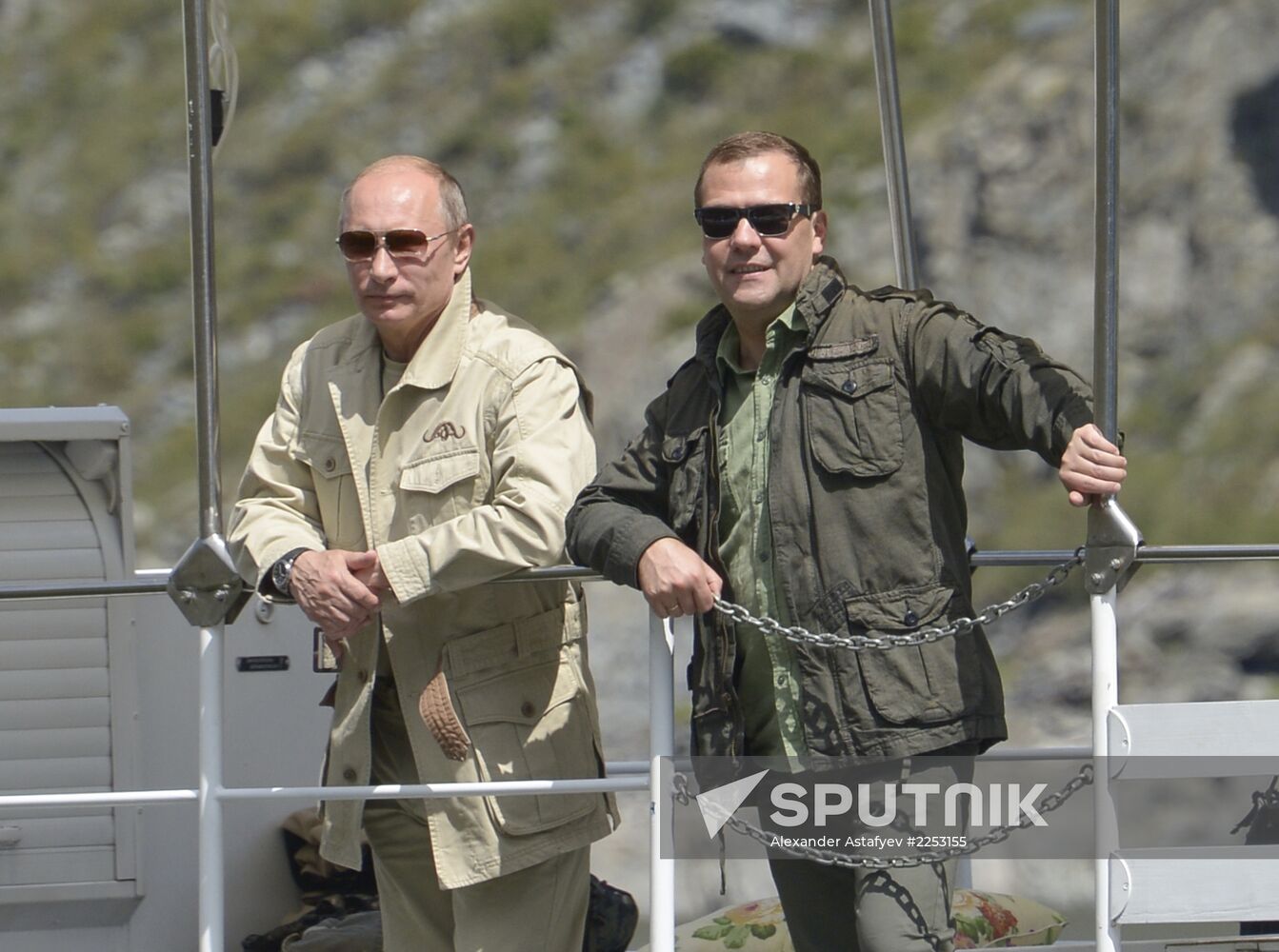 Vladimir Putin and Dmitry Medvedev on holiday