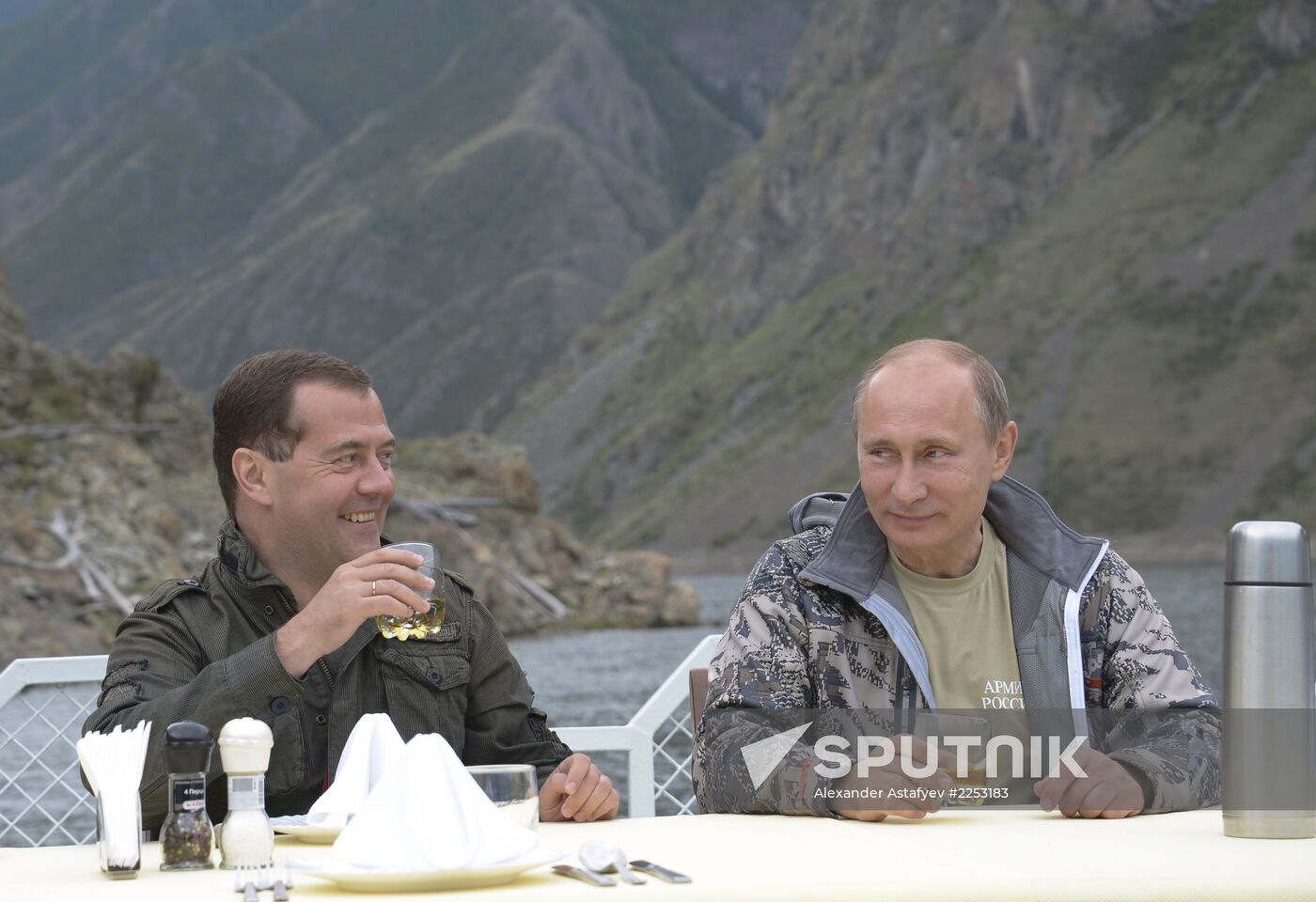 Vladimir Putin and Dmitry Medvedev on holiday