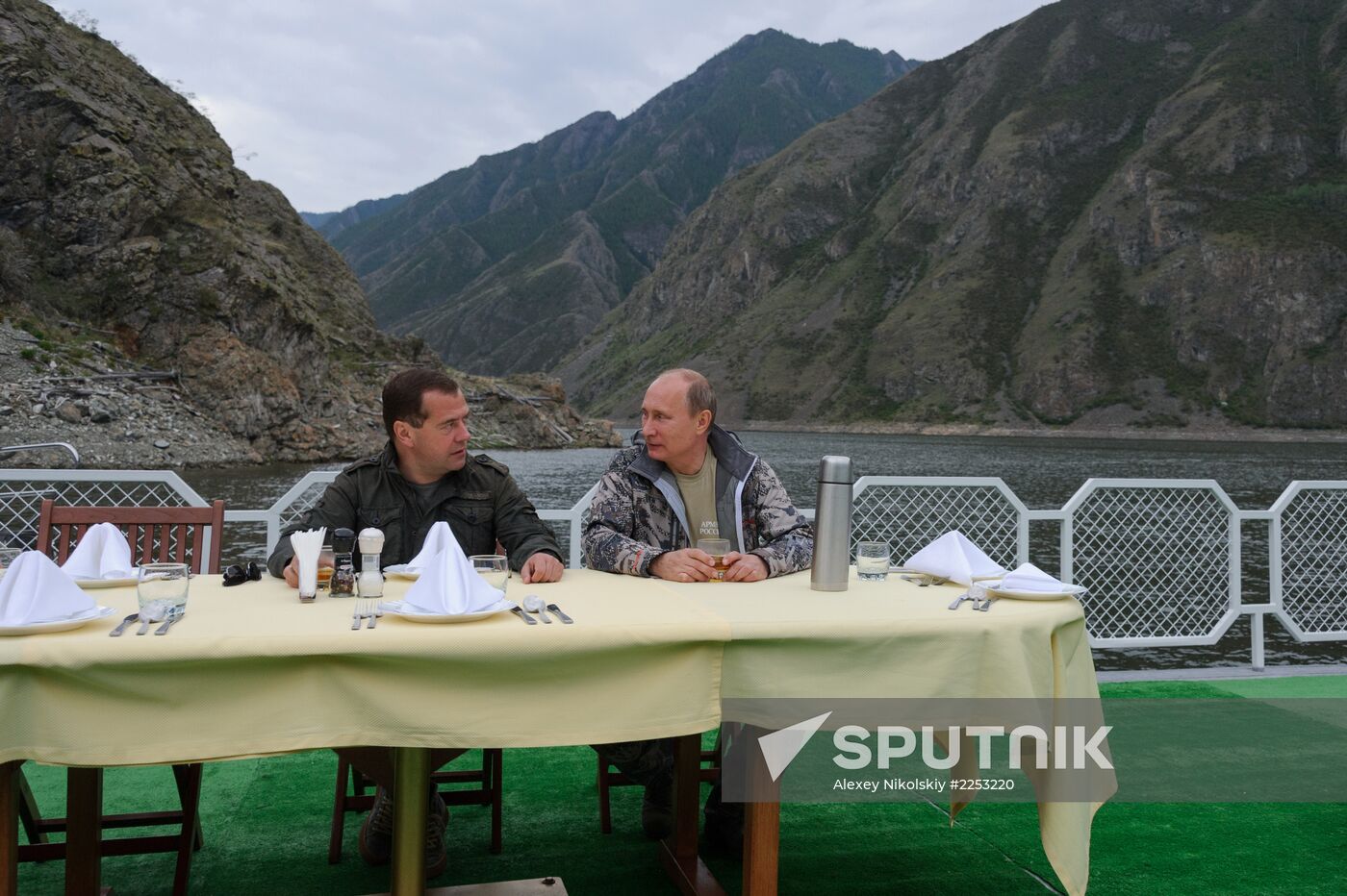 Vladimir Putin and Dmitry Medvedev on holiday