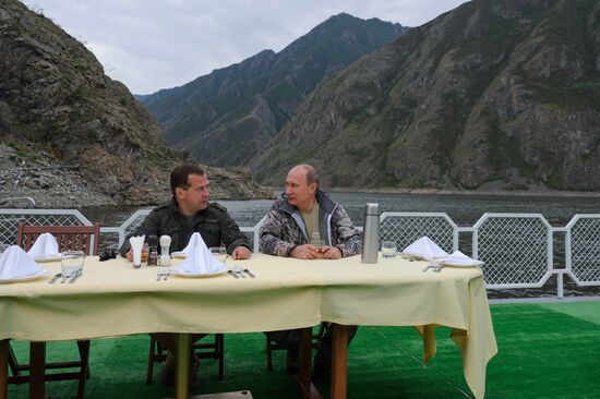 Vladimir Putin and Dmitry Medvedev on holiday