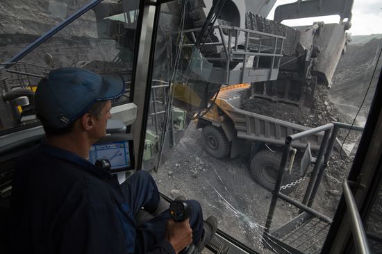 Mining coal at Bachatsky coal strip mine