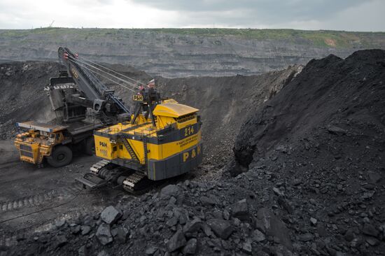 Mining coal at Bachatsky coal strip mine