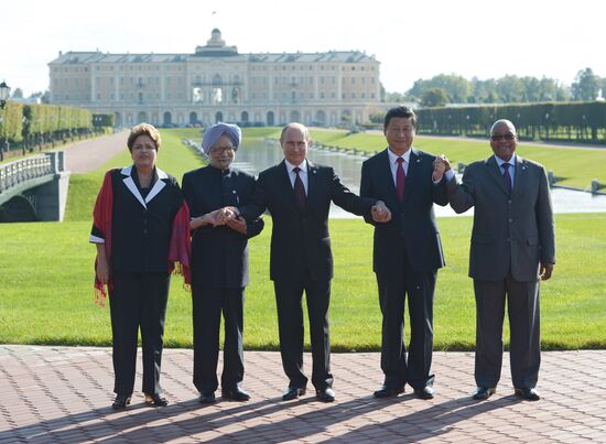 Heads of BRICS member states' delegations pose for group photo