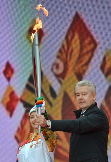 Moscow Mayor Sergei Sobyanin participates in Olympic torch relay