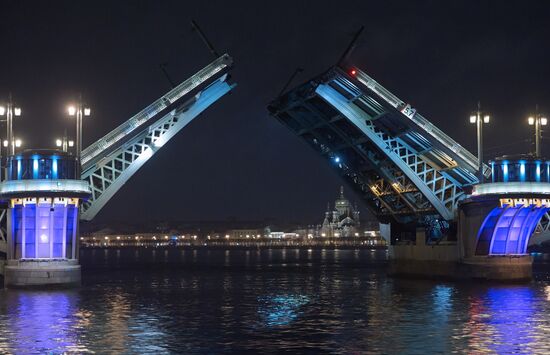 Vessels sail under raised Blagoveshchensky Bridge in St. Petersburg