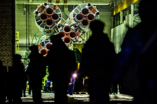 Soyuz-FG booster with Soyuz TMA-11M spaceship installed for launch at Baikonur Cosmodrome