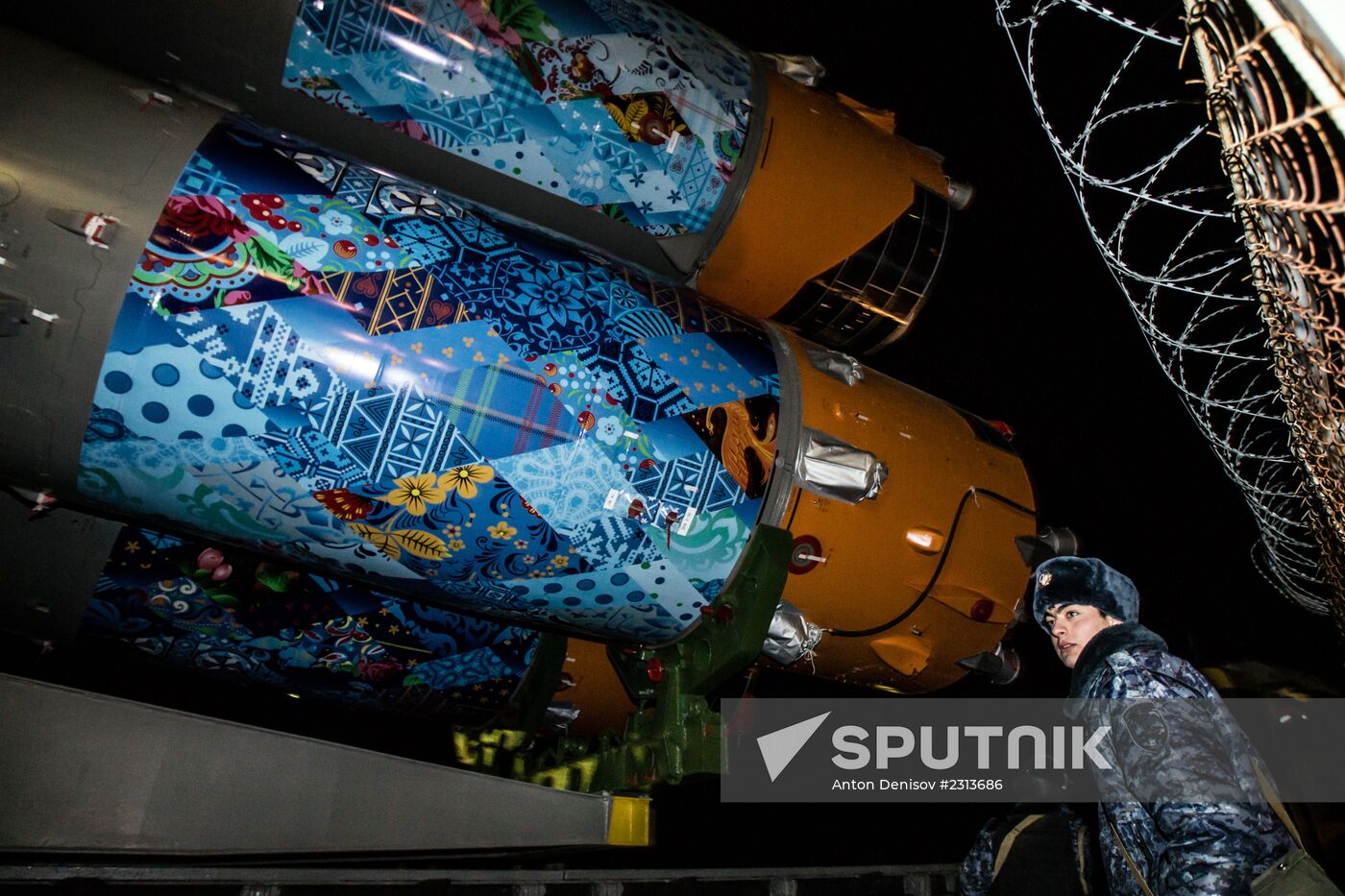 Soyuz-FG booster with Soyuz TMA-11M spaceship installed for launch at Baikonur Cosmodrome