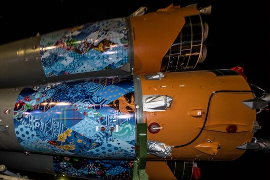 Soyuz-FG booster with Soyuz TMA-11M spaceship installed for launch at Baikonur Cosmodrome