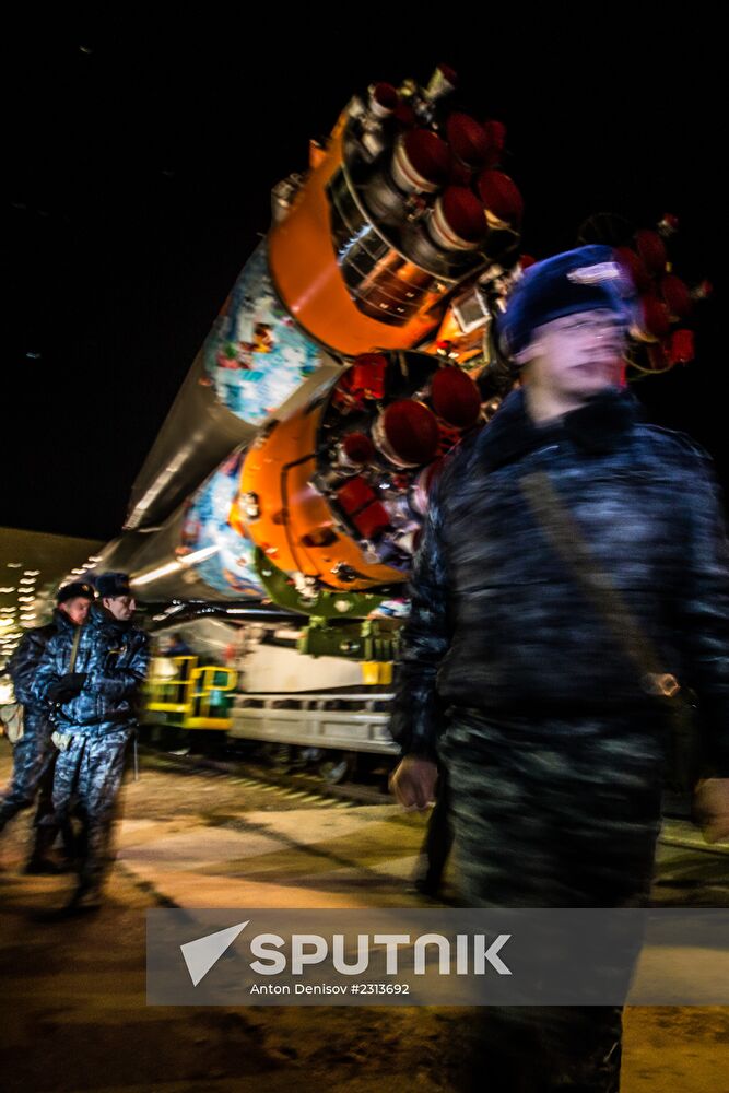Soyuz-FG booster with Soyuz TMA-11M spaceship installed for launch at Baikonur Cosmodrome