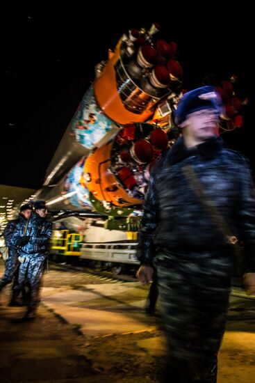 Soyuz-FG booster with Soyuz TMA-11M spaceship installed for launch at Baikonur Cosmodrome