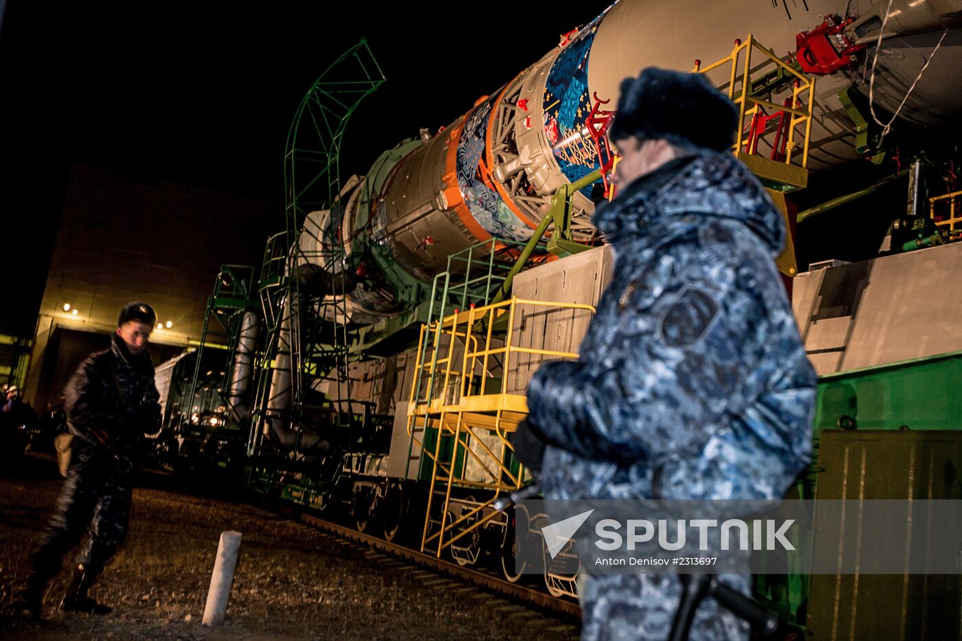 Soyuz-FG booster with Soyuz TMA-11M spaceship installed for launch at Baikonur Cosmodrome