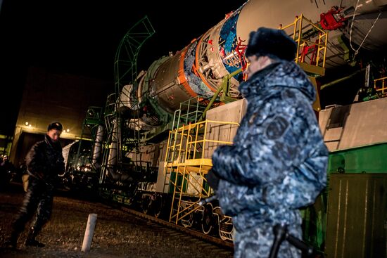 Soyuz-FG booster with Soyuz TMA-11M spaceship installed for launch at Baikonur Cosmodrome