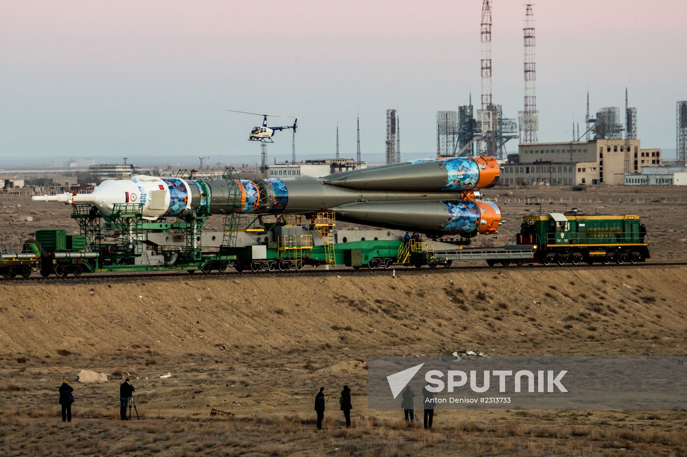 Soyuz-FG booster with Soyuz TMA-11M spaceship installed for launch at Baikonur Cosmodrome