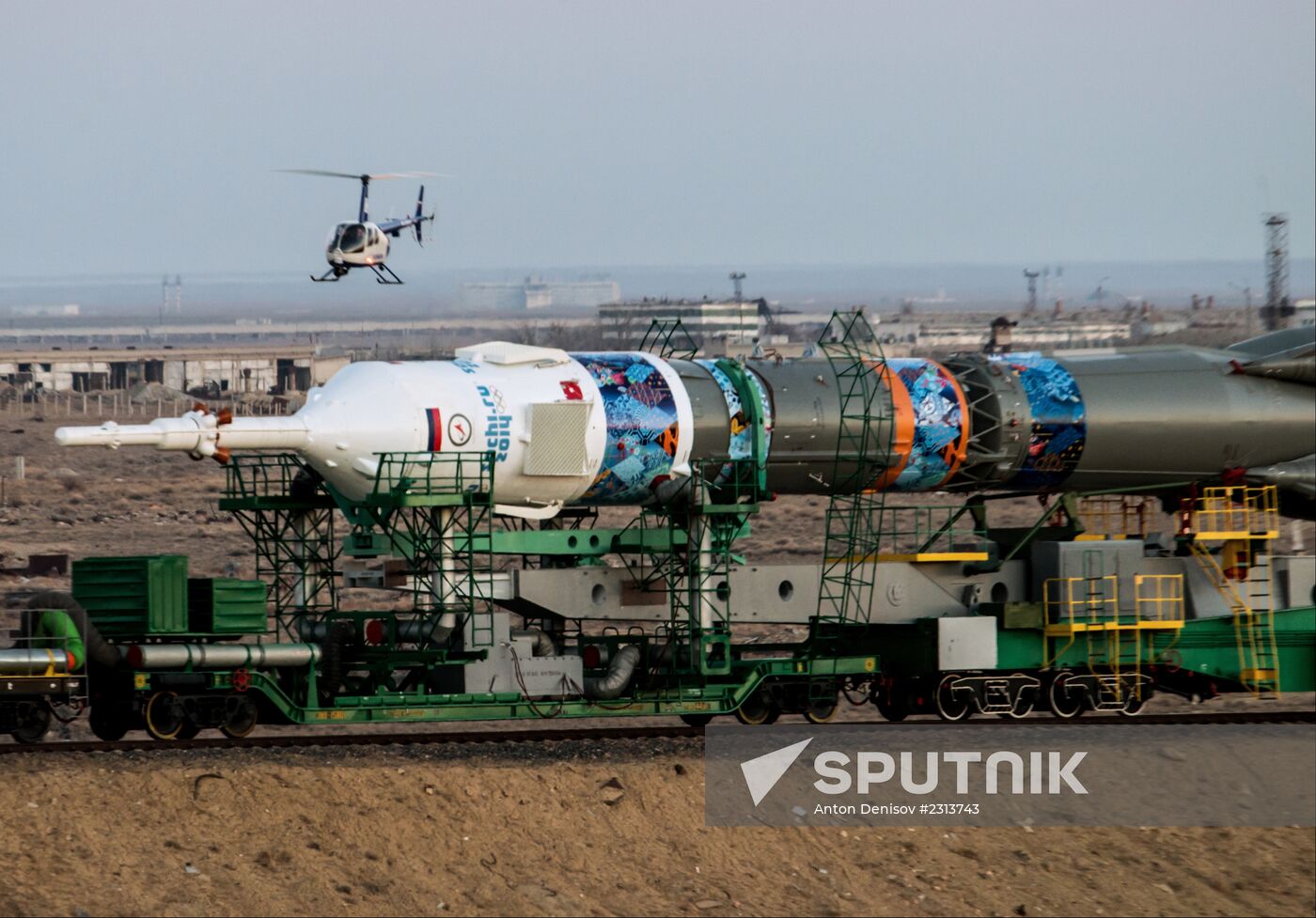 Soyuz-FG booster with Soyuz TMA-11M spaceship installed for launch at Baikonur Cosmodrome