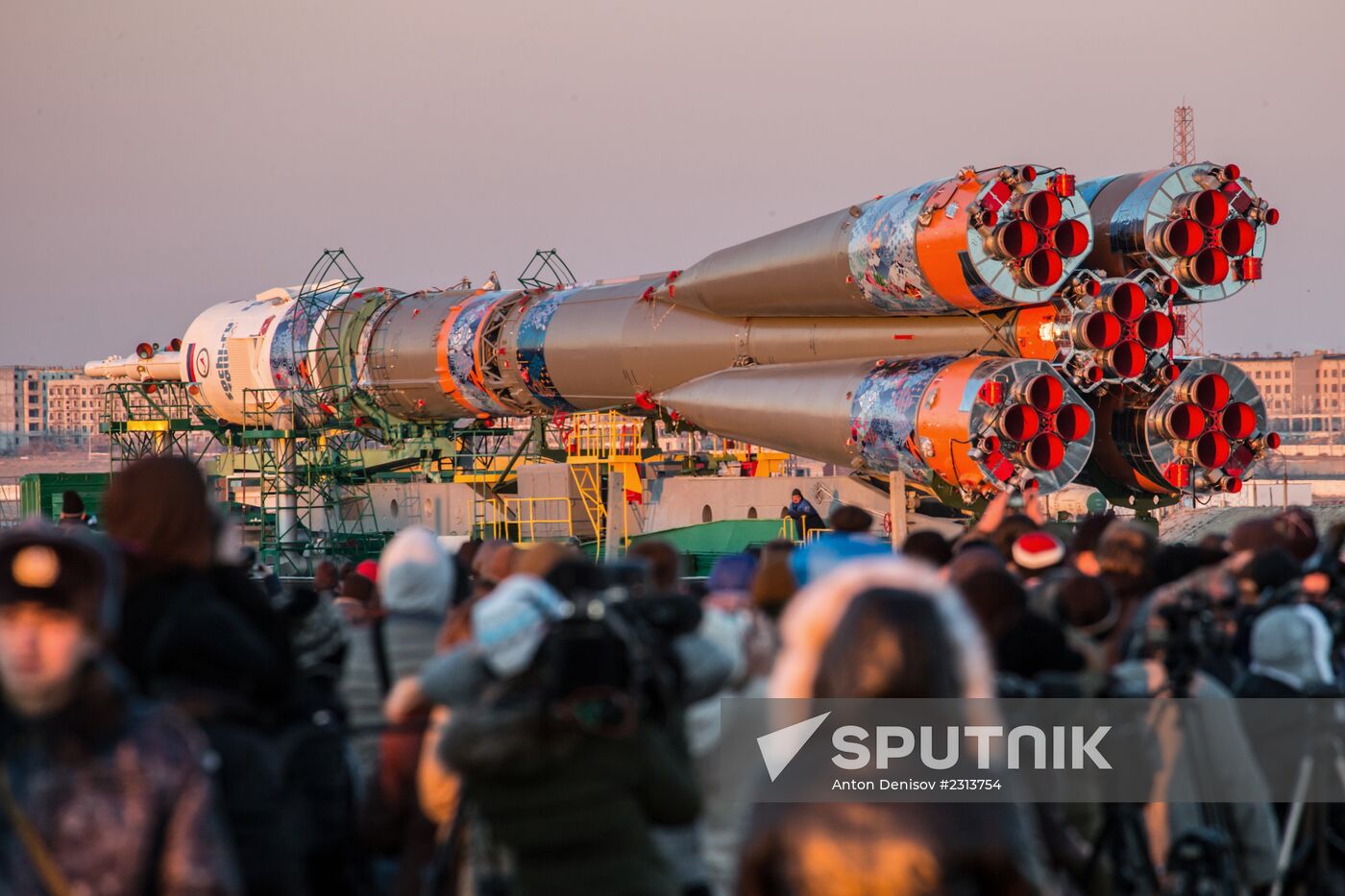Soyuz-FG booster with Soyuz TMA-11M spaceship installed for launch at Baikonur Cosmodrome