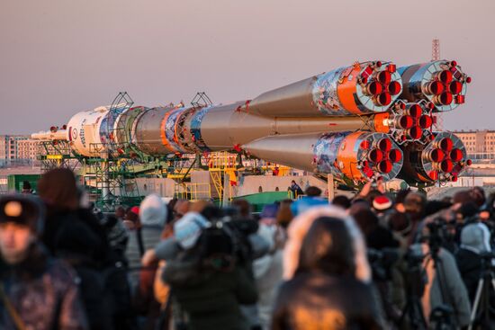 Soyuz-FG booster with Soyuz TMA-11M spaceship installed for launch at Baikonur Cosmodrome