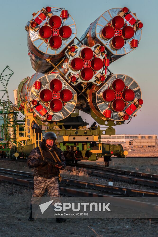 Soyuz-FG booster with Soyuz TMA-11M spaceship installed for launch at Baikonur Cosmodrome