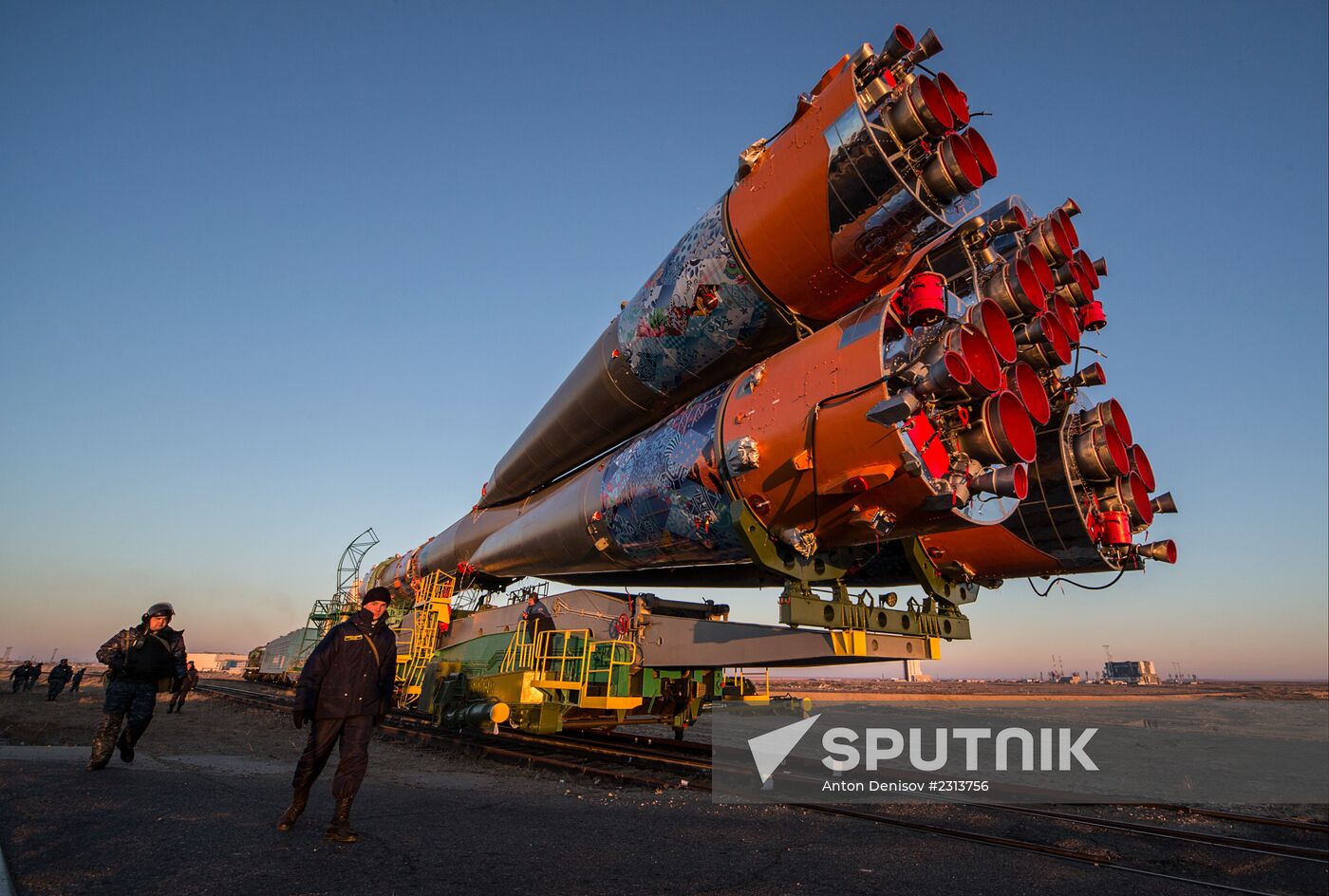 Soyuz-FG booster with Soyuz TMA-11M spaceship installed for launch at Baikonur Cosmodrome