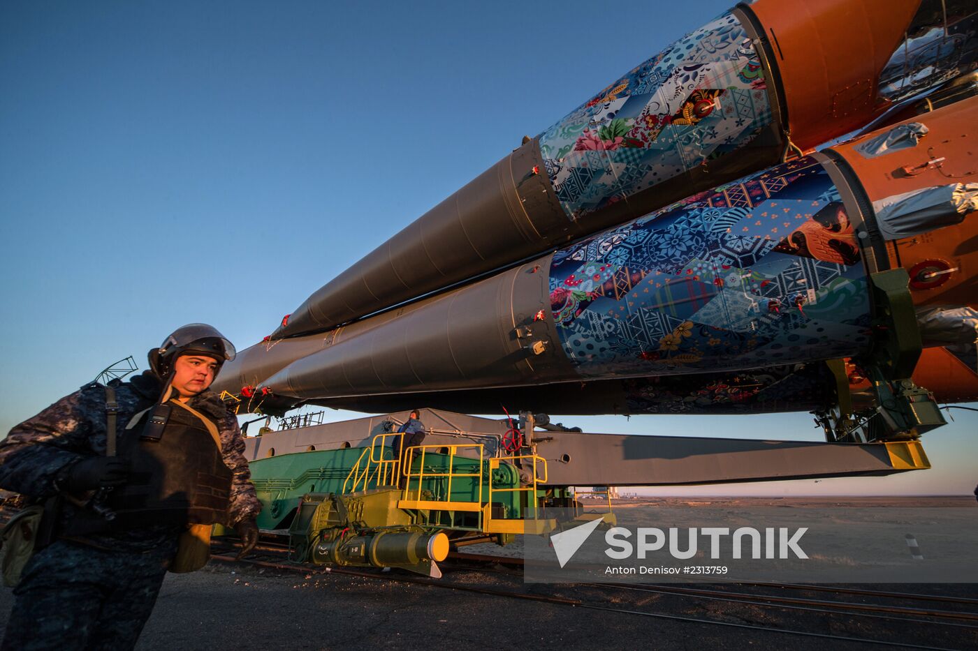 Soyuz-FG booster with Soyuz TMA-11M spaceship installed for launch at Baikonur Cosmodrome