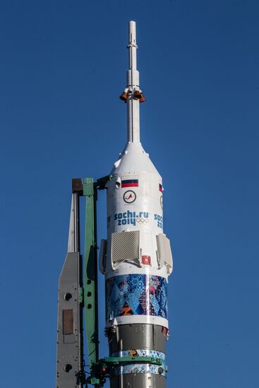 Soyuz-FG booster with Soyuz TMA-11M spaceship installed for launch at Baikonur Cosmodrome