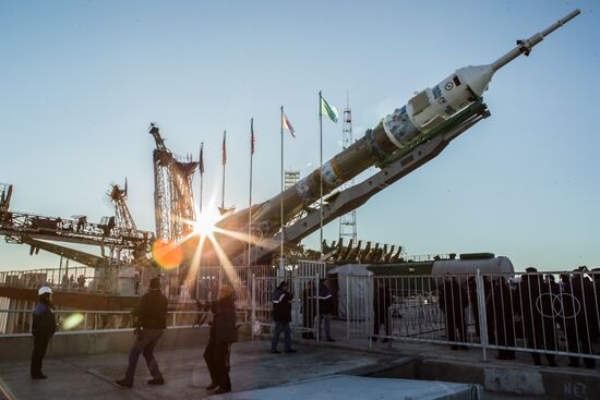 Soyuz-FG booster with Soyuz TMA-11M spaceship installed for launch at Baikonur Cosmodrome